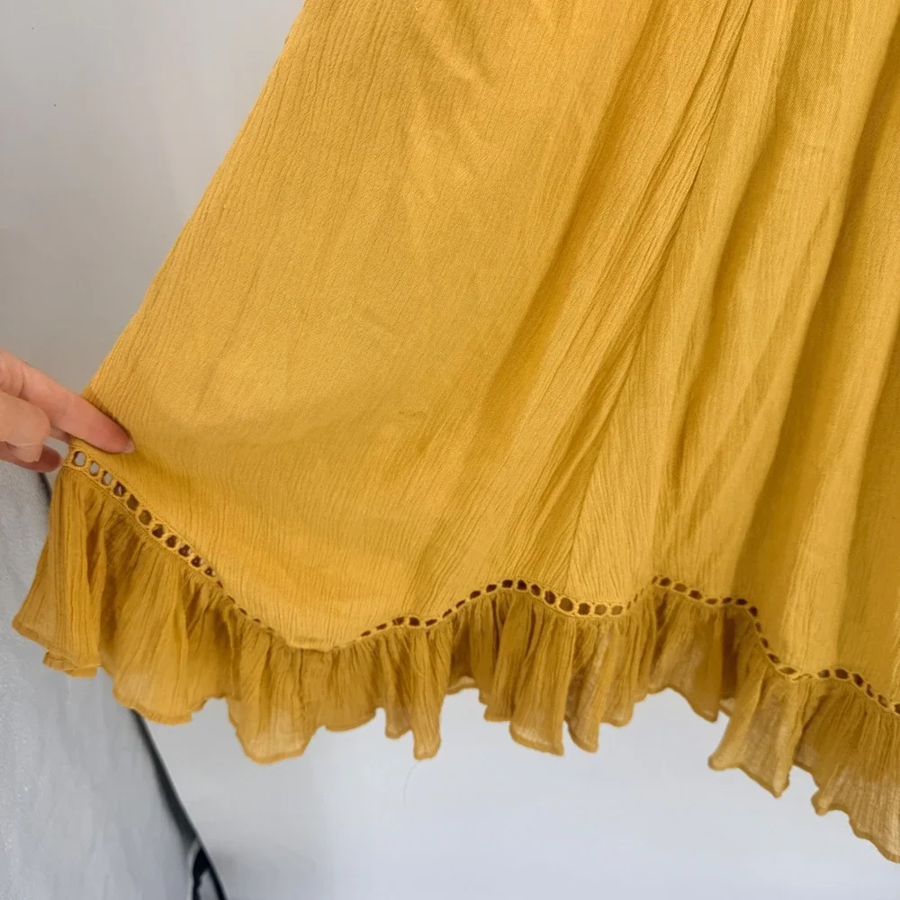 Free People Mustard Yellow Crochet Lace V-Neck Ruffle Mini Dress Womens Medium